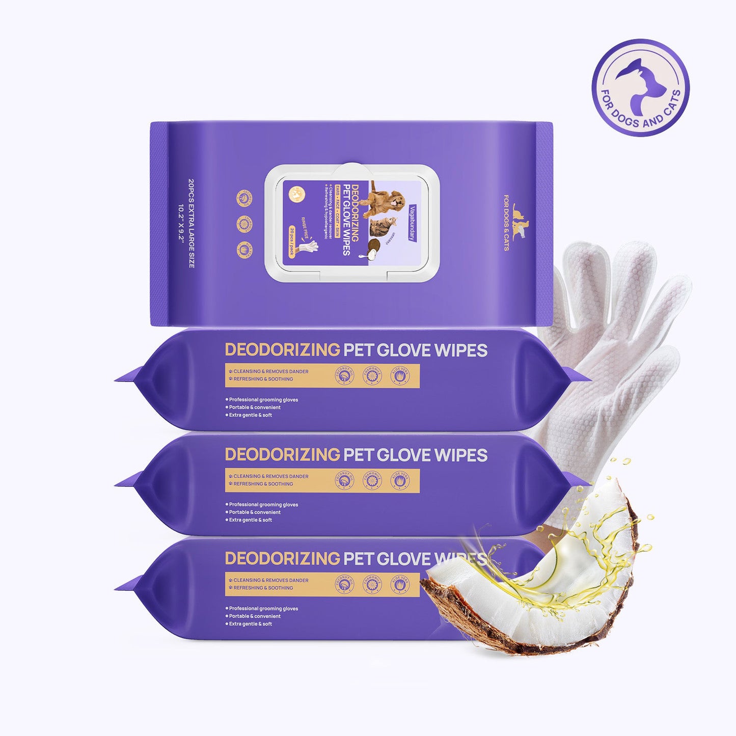 Deodorizing Glove Wipes for Dogs & Cats - Waterless Bath Alternative
